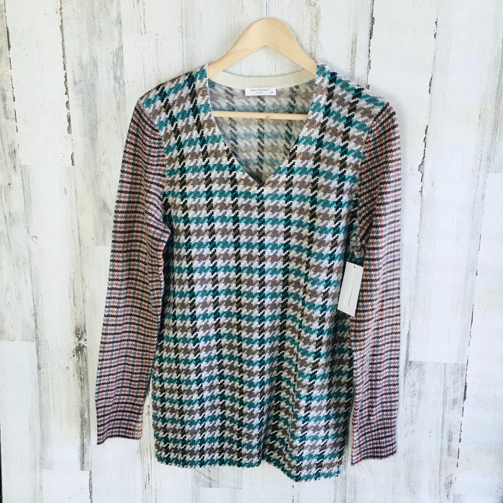 NWT EQUIPMENT FEMME Whitney 100% Cashmere Sweater Houndstooth Preppy S